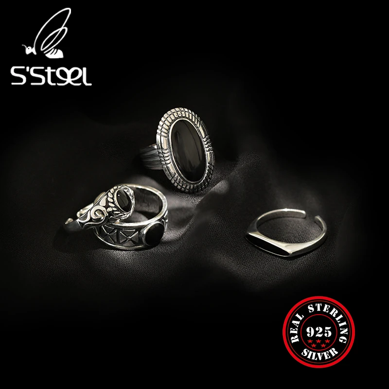 

S'STEEL Retro Rings For Women 925 Sterling Silver Vintage Party Open Adjustable Ring joyas de plata mujer minimalist jewellery