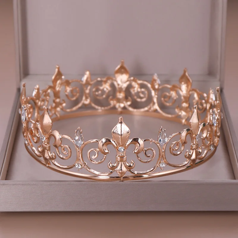 AiliBride, Золотая круглая корона, король, королева, свадебная тиара, головной убор для мужчин, вечерние украшения для волос с кристаллами, свадебные аксессуары для волос