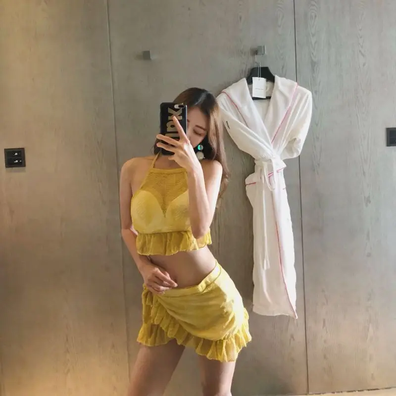

2019 New Style Fashion Sexy Three-piece Set Skirt Bathing Suit Underwire Chest Push up Slimming South Korea Hot Springs Swimwear