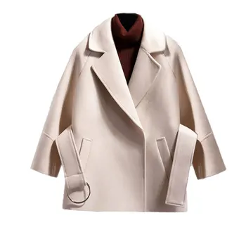 

Autumn Winter Women Short Coat with Waist Belt Elegant Female Ladies Solid Color Blouse Top JL