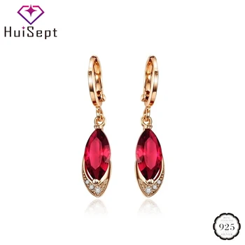 

HuiSept Fashion Rose Gold Earrings 925 Silver Jewellery Oval Shaped Ruby Gemstones Zircon Drop Earrings for Female Wedding Party