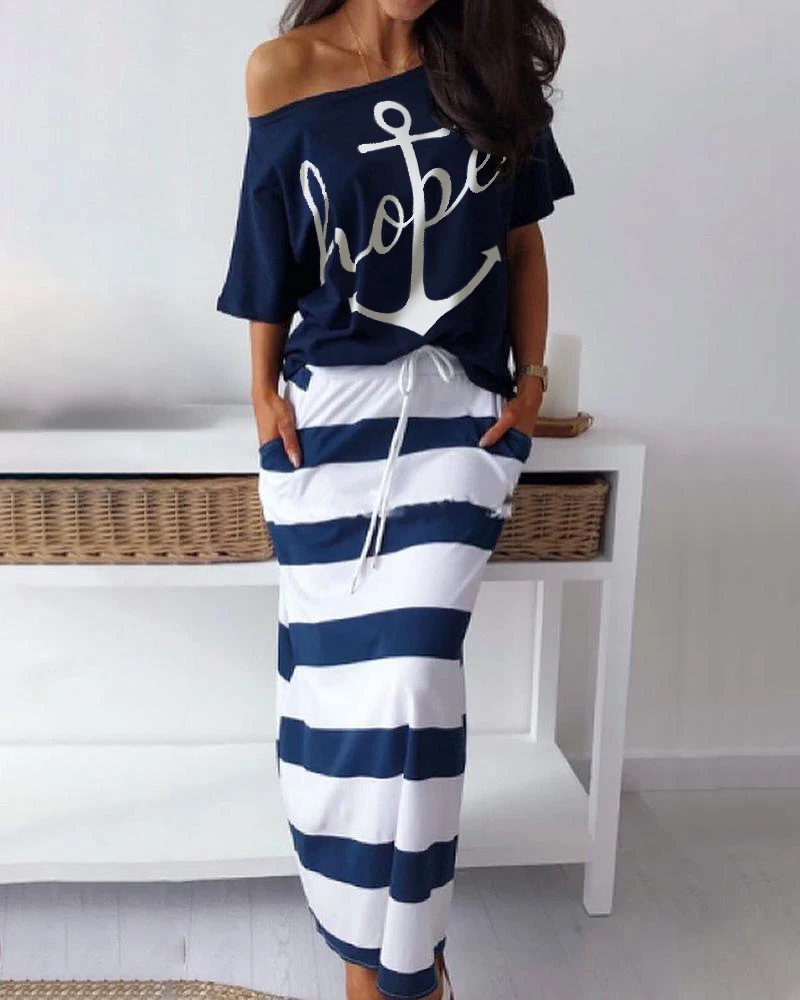 

Women Fashion Spring Summer Casual Two-Piece Set Dress Off Shoulder Boat Anchor Print Top & Striped Skirt Sets