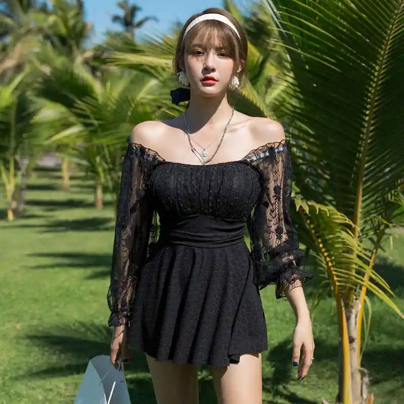 2025 Korean New Style Fairy Fan Lace Pattern Swimsuit Female