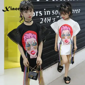 

Black White Teenage Big Girls Dress Kids Summer Short Sleeve Clothes Children T Shirt Dresses for Girls 8 10 12 14 Years