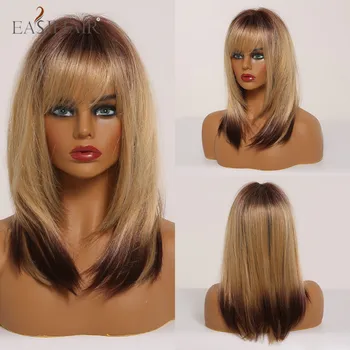 

EASIHAIR Medium Length Straight Futura Hairline Wig Ombre Brown Blonde with Highlight Bang Wigs for Women Glueless Synthetic Wig