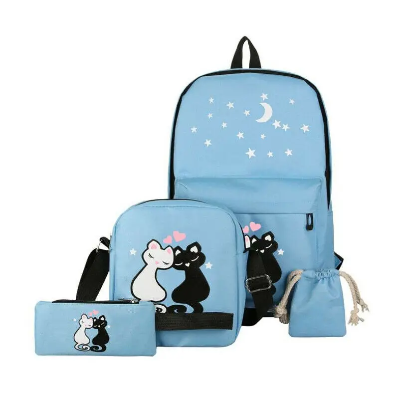 New Casual Cartoon Backpack Ladies Girls Women Print Bag Medium Large Rucksack School Travel Canvas Bags 4 pcs Sets - Цвет: 8