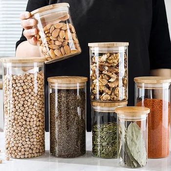 

3pcs Glass Bottle Sealed Jar Transparent Home Kitchen Milk Powder Snacks Multi-grain Dried Fruit Bamboo Lid Storage Boxes