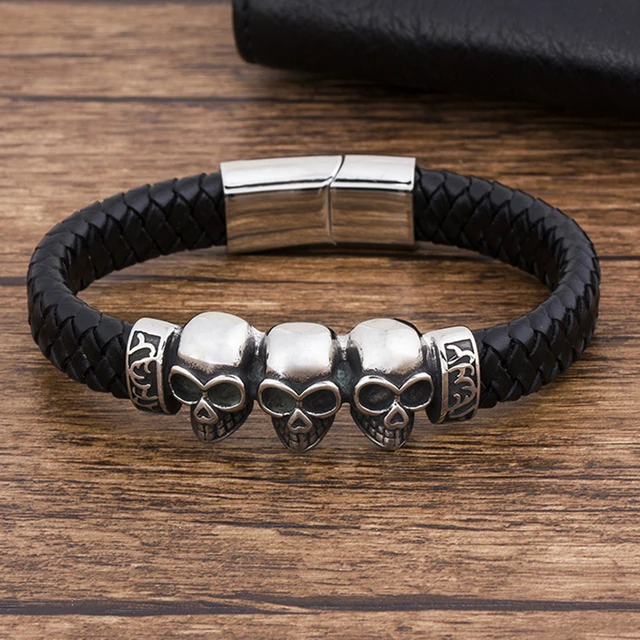 Amazon.com: COOLSTEELANDBEYOND Gothic Biker Stainless Steel Mens Skull  Bracelet Genuine Braided Leather Wristband: Clothing, Shoes & Jewelry