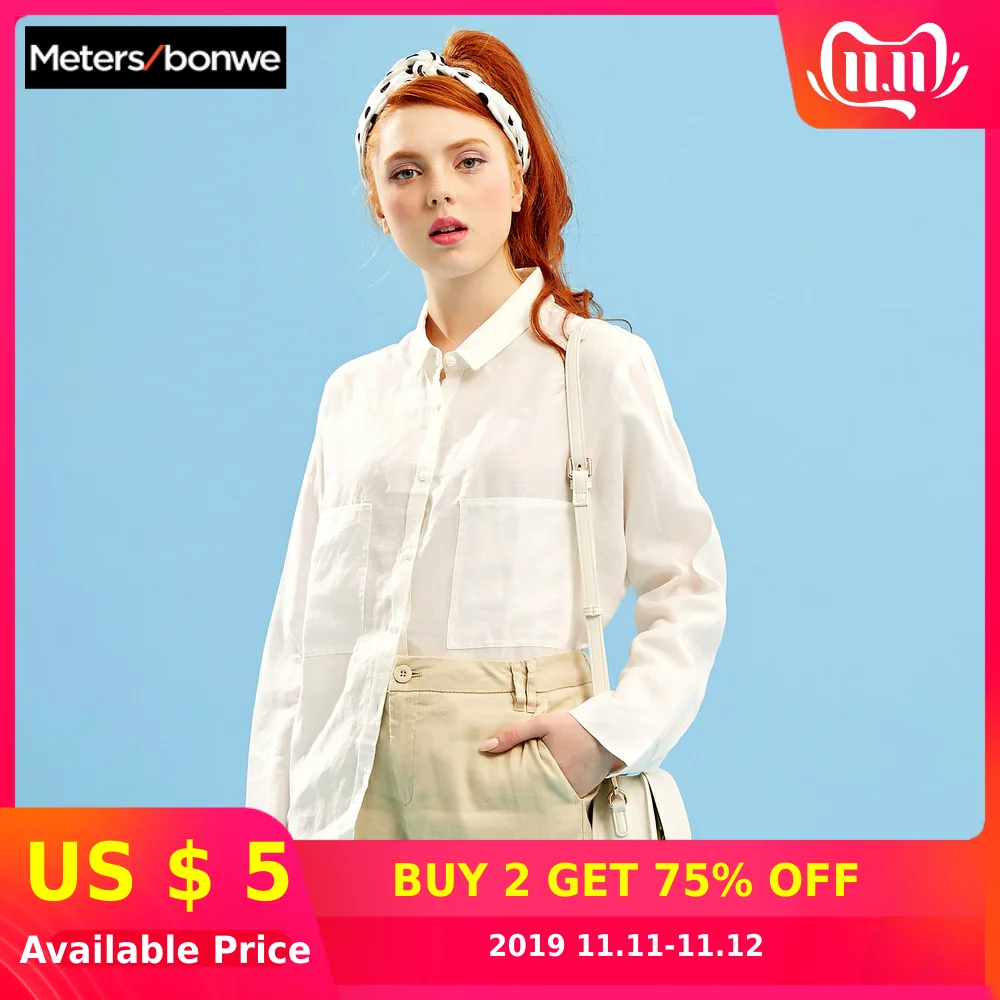 Billig Metersbonwe Marke Weiß Shirts Weibliche 2019 Neue Sommer Langarm Bluse Hohe Qualität Baumwolle Leinen Blusen Einfarbig Tops