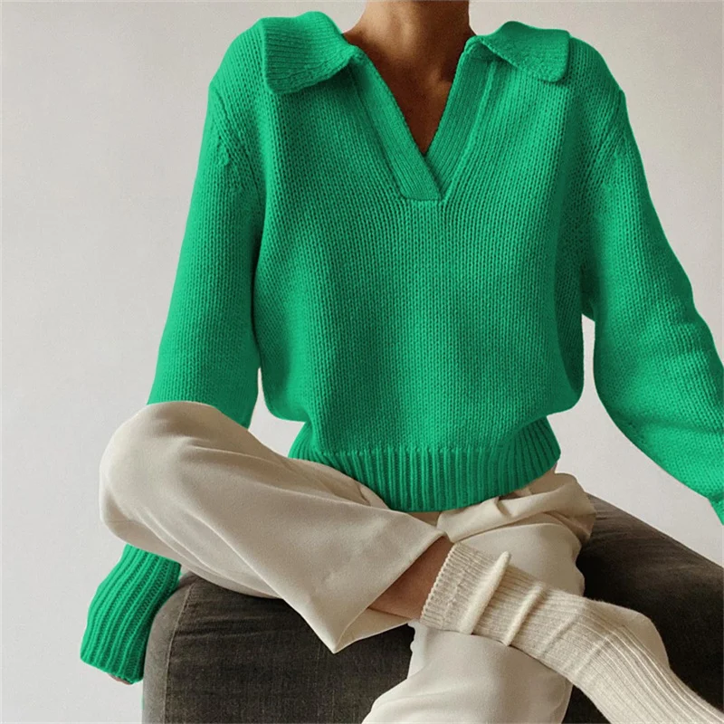 

Women's Long Sleeves V-neck Knitted Sweater Loose Casual Fashion Pullover Autumn Winter Sweatshirts Female Jumper 2021