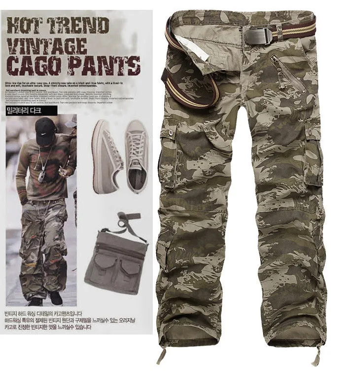 Calças militares camufladas masculinas, calças estilo cargo