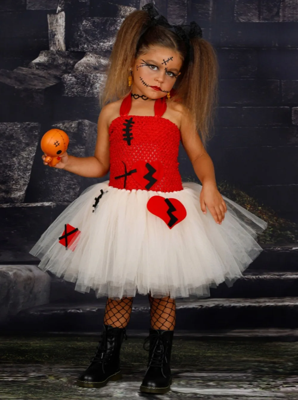Girls Magic Voodoo Doll Inspiration Halloween Costume for Kids Scary Broken Heart Pattern Tutu Dress Girls Summer Dress Clothing (13)
