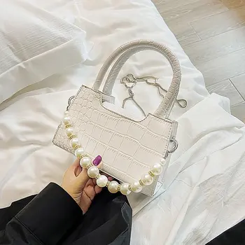 

Elegant Female Pearl Small Tote bag 2020 Summer New Quality PU Leather Women's Designer Handbag Lattice Shoulder Messenger bags