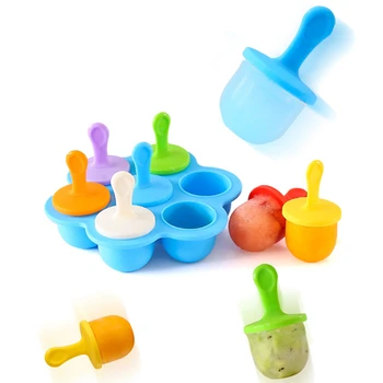 

7 Cavities Silicone Baby Food Container Ice Cream Popsicle Molds With Colorful Sticks DIY Ice Bar Frozen Dessert Maker