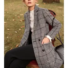 Женское пальто осень и зима новое длинное двубортное шерстяное пальто в клетку шерстяное пальто