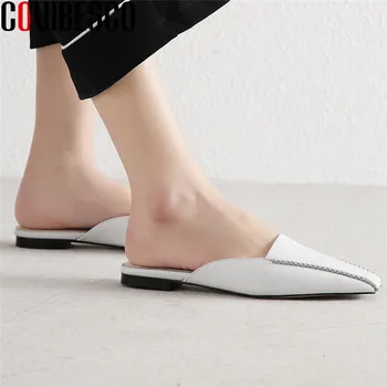 

COVIBESCO Women Mules Slippers Thick Heel Summer Square Toe Genuine Leather Casual Shoes Wild Sandals Thick Heels Shoes Woman