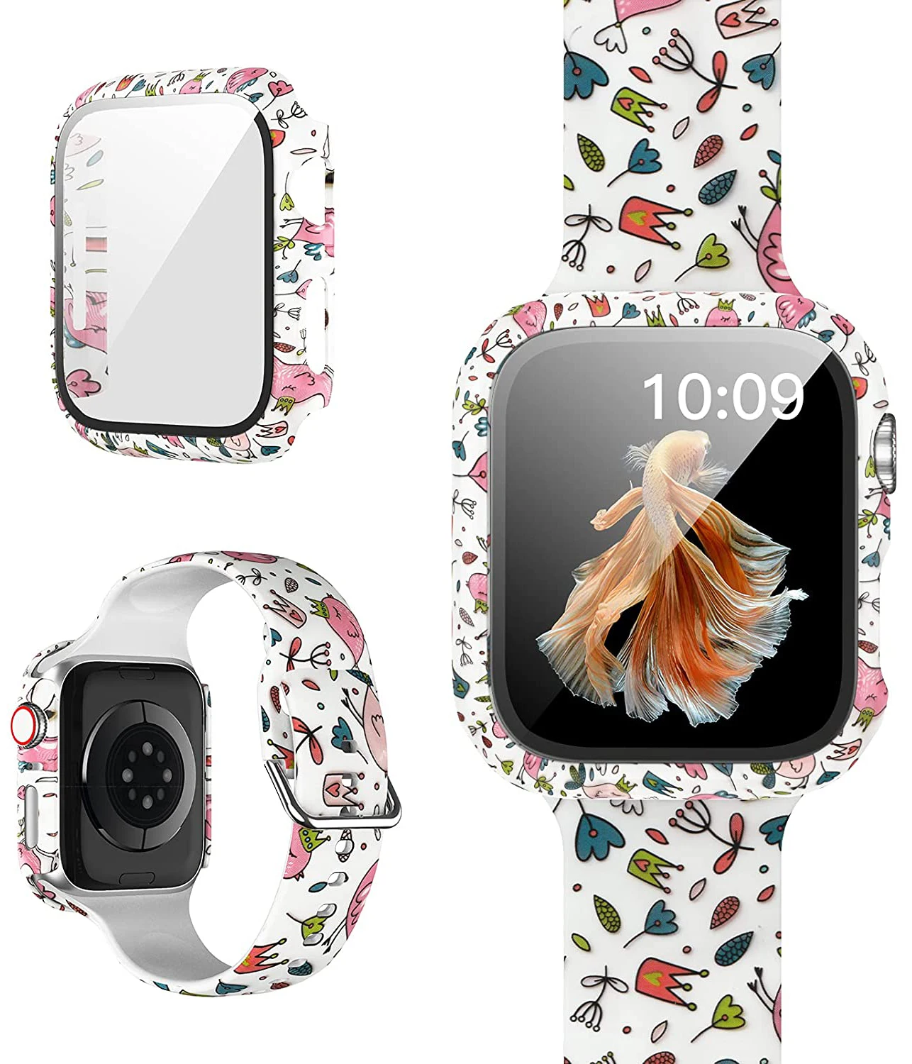 Case+Bands for Apple Watch Band 44 40 42 38mm with Screen Protector Cover, Glass+Silicon Wristband Strap for iWatch SE 654321