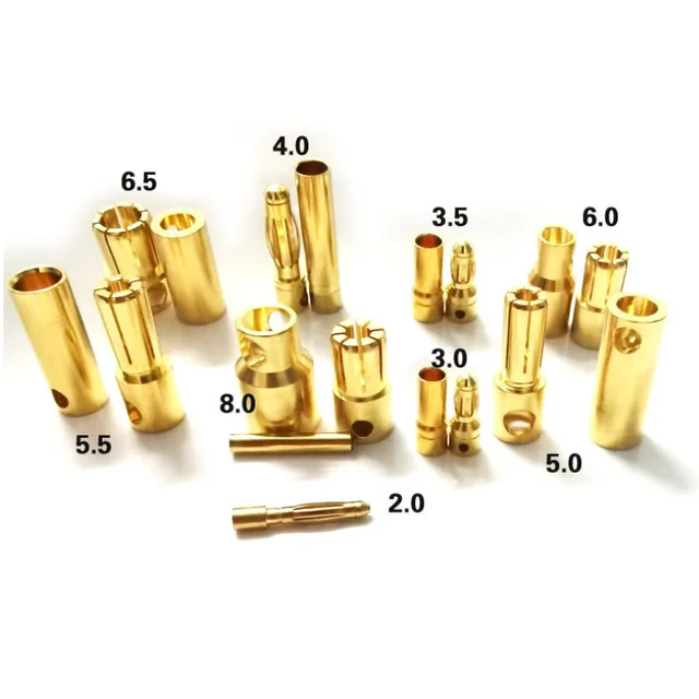 40pcs/lot 2.0mm 3.0mm 3.5mm 4.0mm 5.5mm 6.0mm 8.0MM Gold Bullet Banana Connector plug for ESC Lipo RC battery Plugs (20 pair) 2