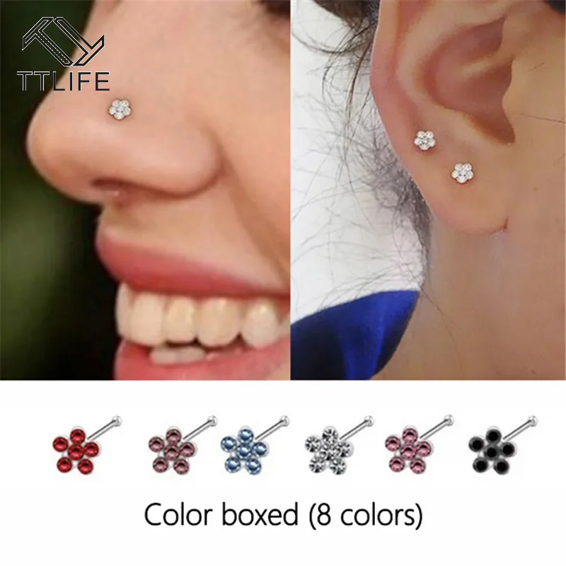 

TTLIFE 20Pcs/Box Body Nose Piercing Jewelry Nose Rings Nose Studs for Women Colored Crystal Flower Nose Nail Jewelry Wholesale