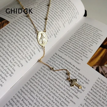 

GHIDBK 925 Sterling Silver Mary Cross Necklace for Women Gold Color Beaded Chains Y Chokers Dainty Long Layered Choker Necklaces