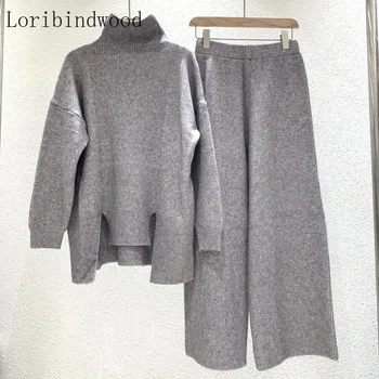 

Women's Knitted Pant Suit Winter Turtleneck Sweater +High Waist Wide Leg Trousers Two Piece Set Tracksuits