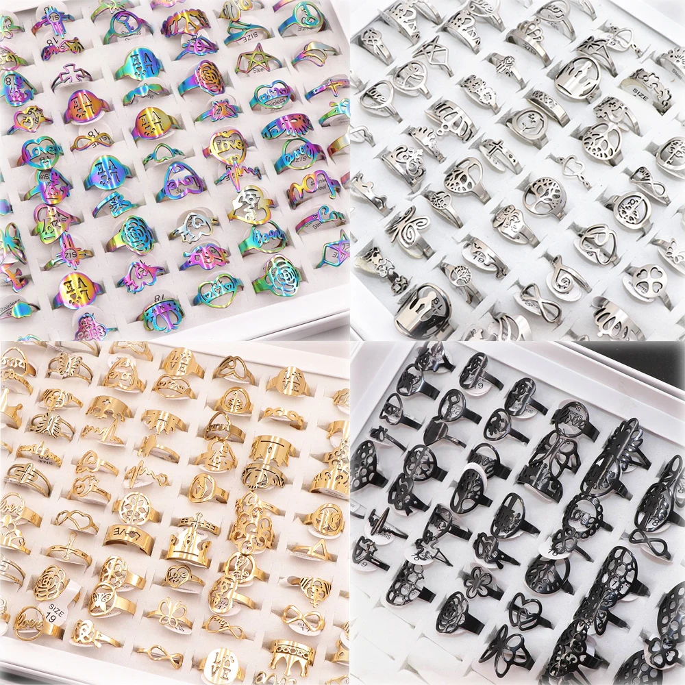 

50Pcs/lot Mix Random Style Laser Cut Pattern Four Colors Stainless Steel Rings Women Party Ring
