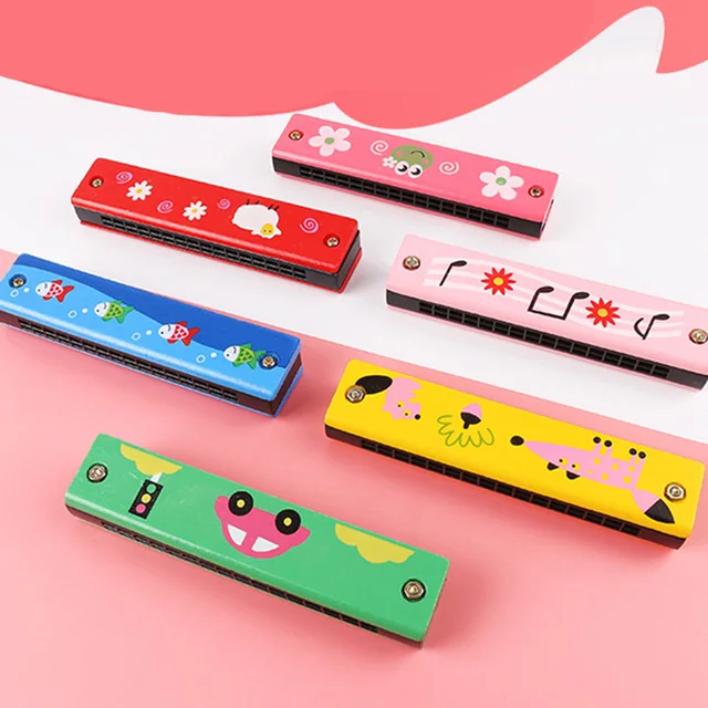 Wooden Harmonica For Children Toys Musical Instruments 16 Holes Double-Row Blow Cartoon Color Woodwind Mouth Harmonica Melodica 4