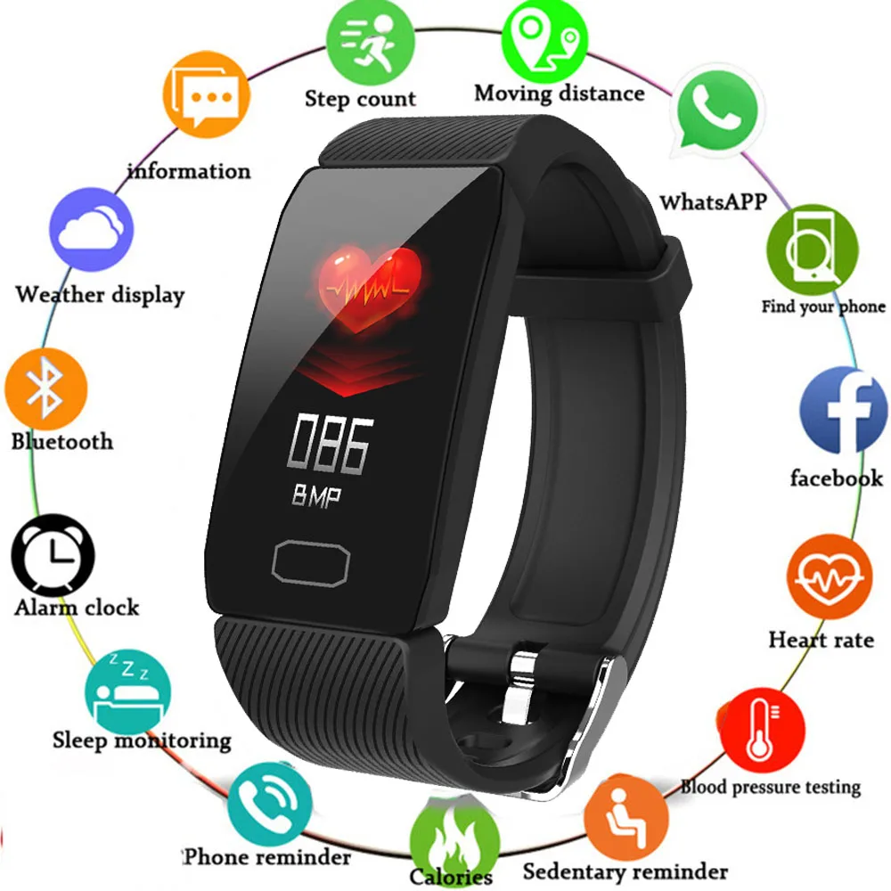 

Color Screen Fitness Bracelet Smart Wristband Heart Rate Monitor Tracker Spo2 Blood Pressure USB Port Charge Sport Watch