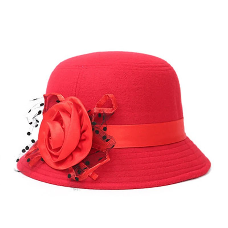 Элегантная официальная Женская шерстяная шляпа, теплая фетровая зимняя фетровая Кепка с цветами, шляпа-котелок для девушек, вечерние, свадебные, церковные шляпы - Цвет: Hot Red