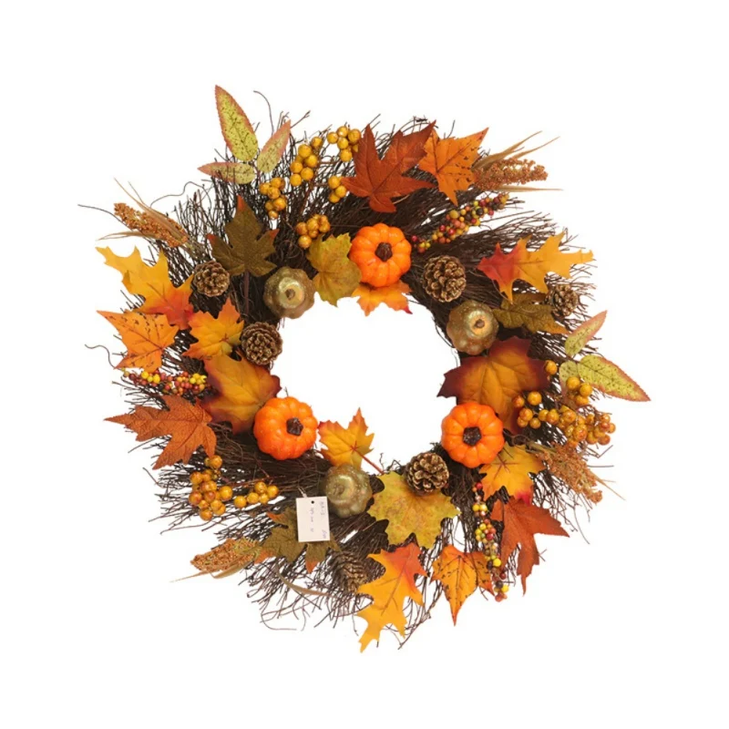 New 45CM Autumn Holiday Artificial Pumpkin Maple Leaves Wreath Thanksgiving Day Halloween Front Door Wall Hanging Garland