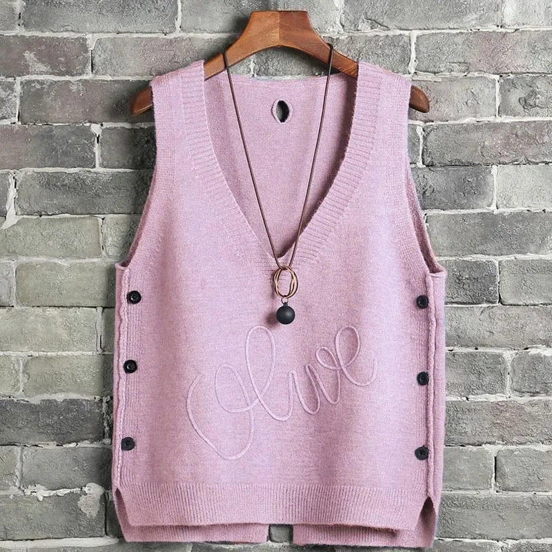 

Spring Vest Waistcoat Women Side Buttons Casual Knitted Sweater Vest Sleeveless Female Short Sleeveless Pullover Plus Size -85
