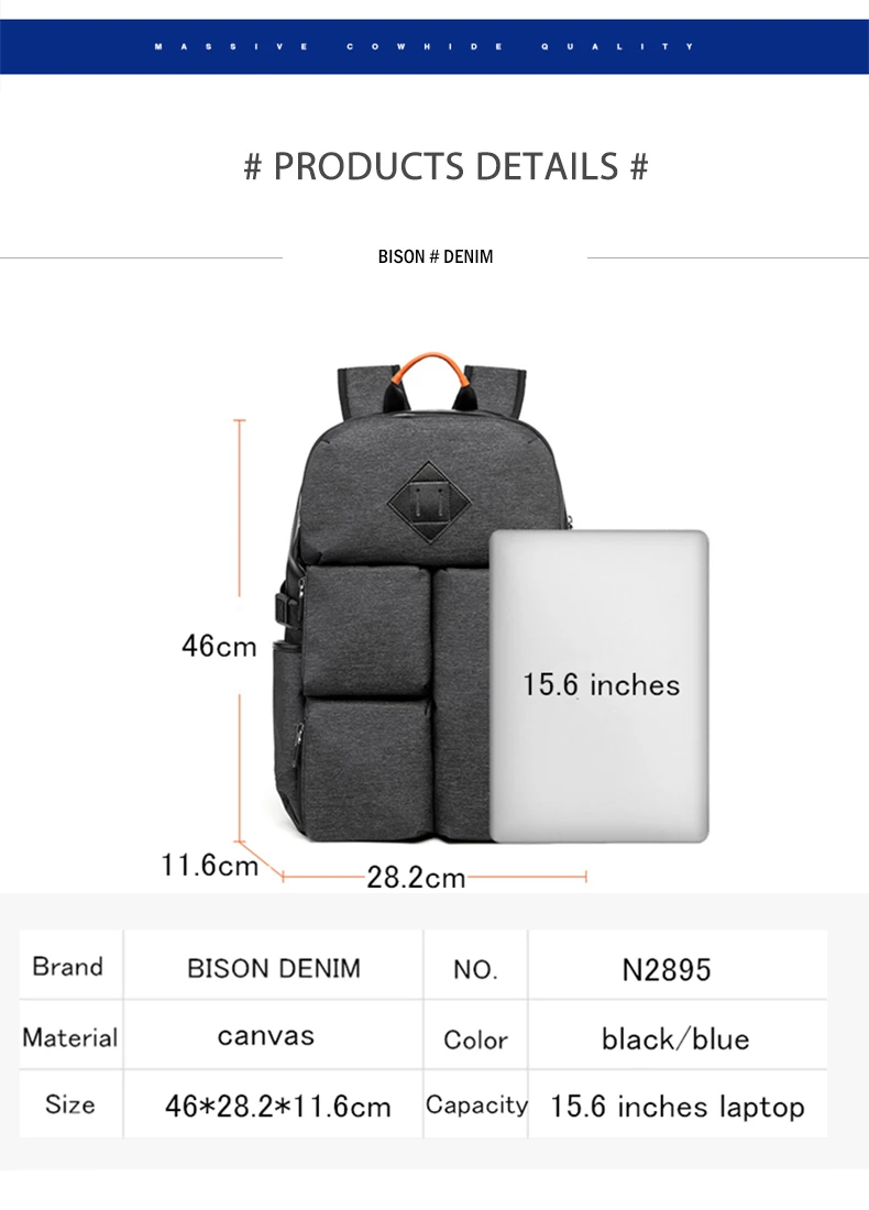 BISON DENIM, Большой Вместительный рюкзак, мужской, многофункциональный, 15,6 дюймов, для ноутбука, для студентов, школьная сумка, модный рюкзак для женщин, Mochila N2895