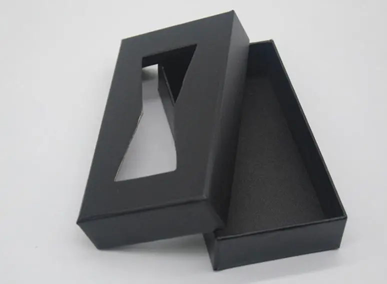 100pcs Creative design Black cover paper packing box with plastic pvc window wig gift wallet tie packaging paper carton box SN