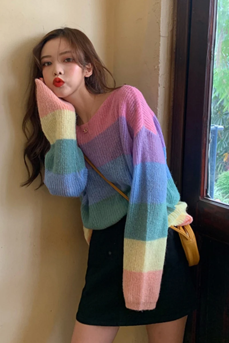 Women's Sweaters Korean Ins Chic Ulzzang Loose Rainbow Striped Sweater Female Vintage Kawaii Cute Svitshot For Women