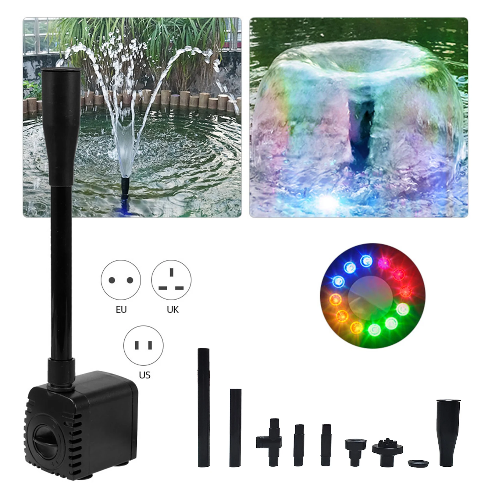10W/15W Submersible Water Fountain Pump Solar Fountain Water Fountain Garden Pond Fountain Filter Fish Pond Aquarium Water Pump Tank Fountain with 12 LED Light