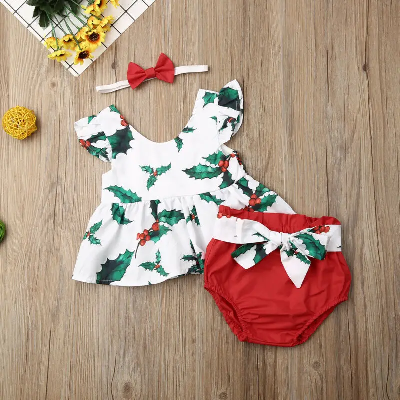 0-24M Newborn Baby Girls Xmas Playsuit Toddler Outfits Set Romper+Short Pants+Headband