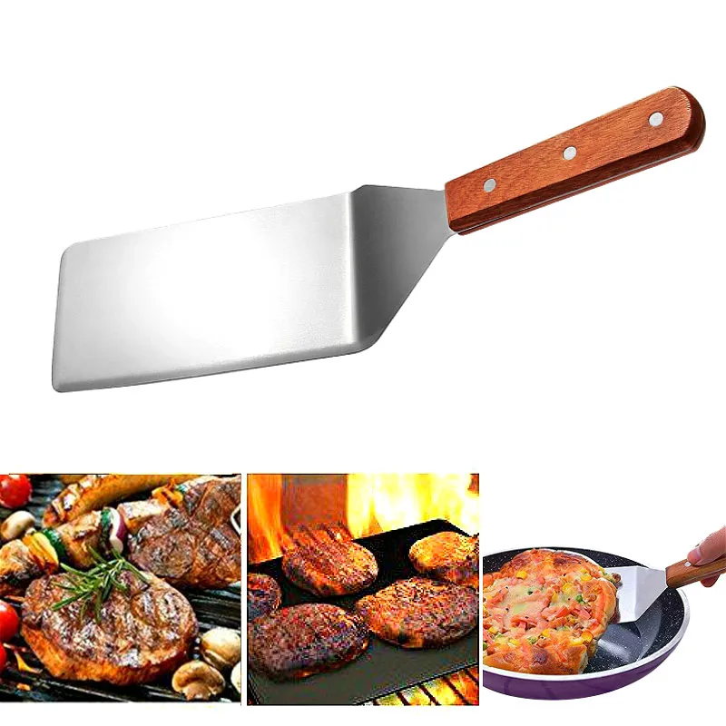 Kitchen Spatula Wood Handle Grill Turner Stainless Steel Metal Scraping