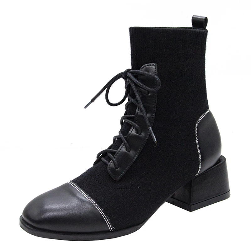 

2019 New Fashion Casual Female Martin Boots Knit Comfortable Breathable Lace Women's Boots Thick with Tube Women's Shoes 35-39