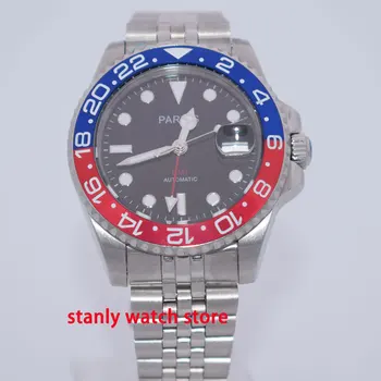 

Parnis 40mm black dial luminous marks blue red bezel sapphire GMT function Jubilee-band automatic movement men's watch