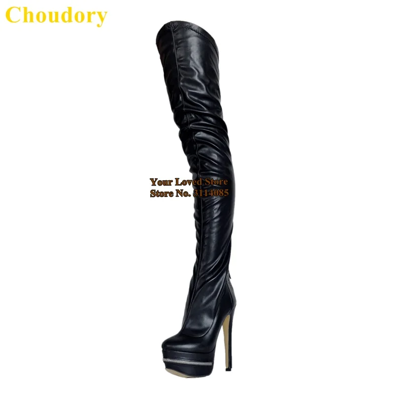 black as picture Choudory/Высокие Сапоги выше колена на платформе, винного цвета сапоги до бедра с украшением на молнии дропшиппинг, высокие сапоги, большие размеры 47 - Цвет: black as picture