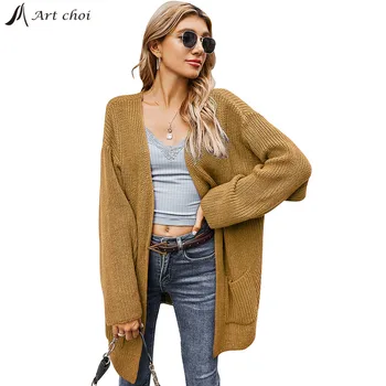 

2020 Autumn Winter Cardigan Sweater Women Knitted Outerwear Long Casual Tops Korean Chic Slim Soft Oversize V neck Femme Coats