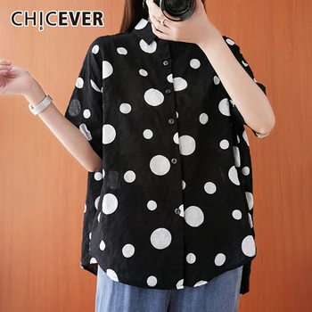 

CHICEVER Print Hit Color Dot Shirt For Women Lapel Collar Short Sleeve Irregualr Hem Loose Oversized Shirts Female Summer 2020
