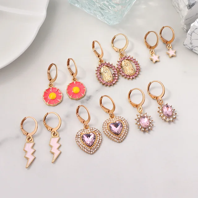 Flatfoosie 5Pair Pink Blue Heart Butterfly Drop Earrings Set For Women Boho Cute Star Moon Eye Dangle Earring 2022 Trend Jewelry 154401PK