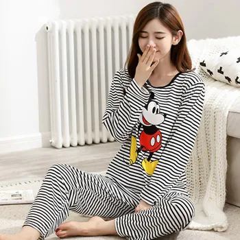 

Preferred pink pajamas suit female autumn new home clothes cotton cartoon shirt + trousers 2 sets of cute pajamas ladies