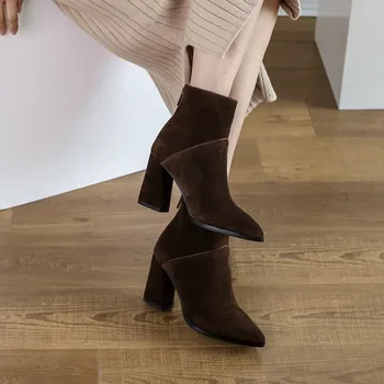 

heel pointed boots children's short boots Frosted cow leather thick fashion and naked Boots New boots in autumn