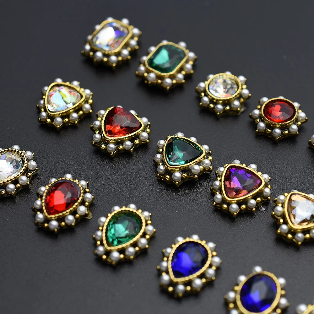 

10pcs Ancient Gold J-Korea Pearl AB Rhinestone Nail Art Decorations Alloy 3D Hollow Nail Charm Nails Accessory nail supplies
