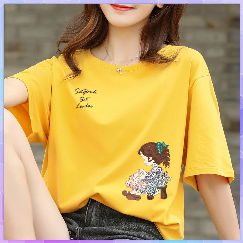 

Funny Anime Print Oversized T-shirt Short-sleeved Top Women 2021 Summer Korean Tshirt Femme Loose Tops Plus Size 3XL White Shirt