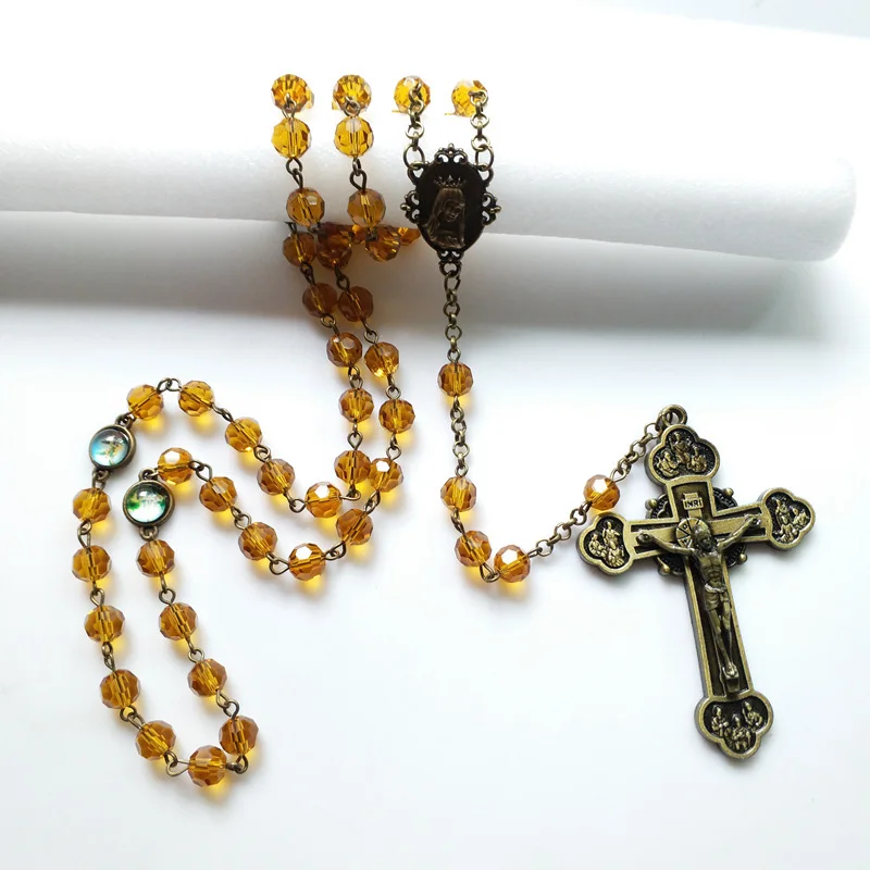 Kristallglas-Rosenkranz-Halskette, Meditation, Gebetsperlen, Kruzifix, Kreuz, Dreifaltigkeit, Apostel, Medaille Unserer Lieben Frau, religiöse Konfirmationsgeschenke – Detail 3