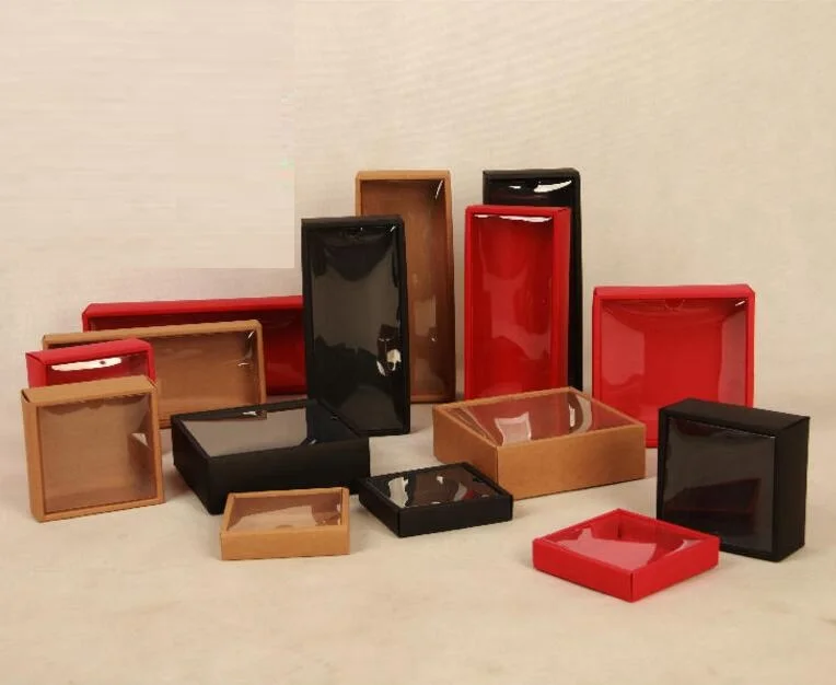 

20Pcs Red Kraft Paper Box with clear window Black Present Display Box Brown Cardboard Carton Box Party Favor Boxes 11x11x2.5cm