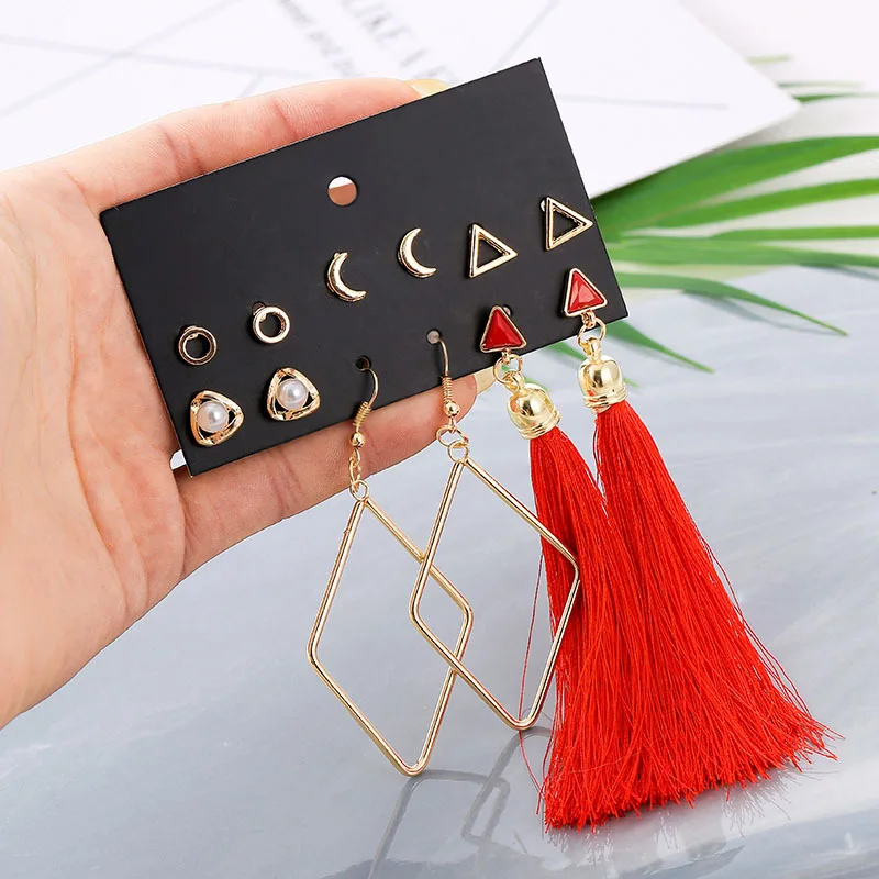 

6 Pair/Set Classic Vintage Earrings Set Geometric Rhombus Moon Imitation Pearl Long Tassel Boho Earring Jewelry Accessories Gift